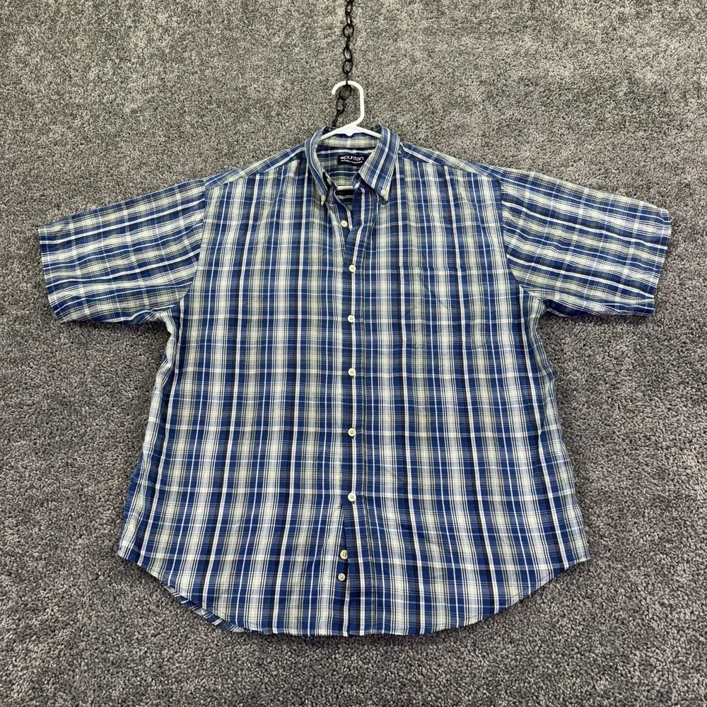 Puritan Shirt Mens Large Blue Plaid Short Sleeve Button Up Wrinkle Resistant